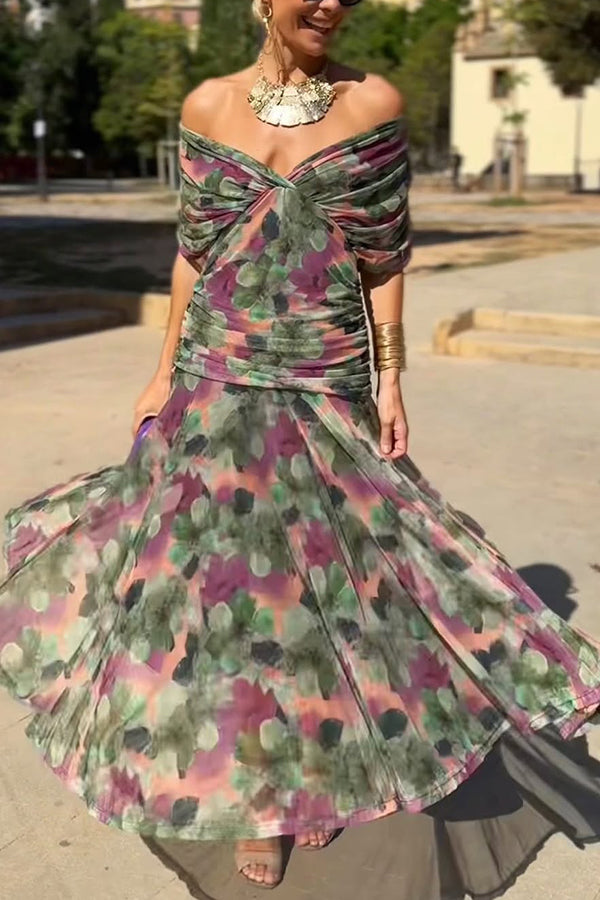 Unique Printed V-Neck Waisted Mesh Holiday Maxi Dress, Multicolor / S Unique Printed V-Neck Waisted Mesh Holiday Maxi Dress, Multicolor / S