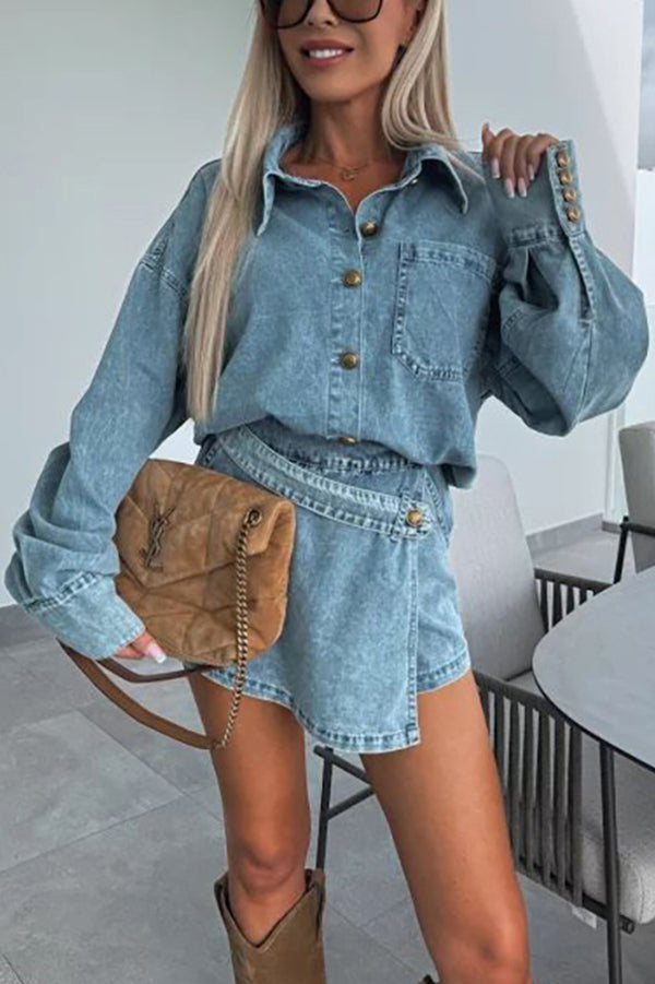 Fashion Lapel Button Pocket Denim Jacket and Irregular Mini Skirt Set