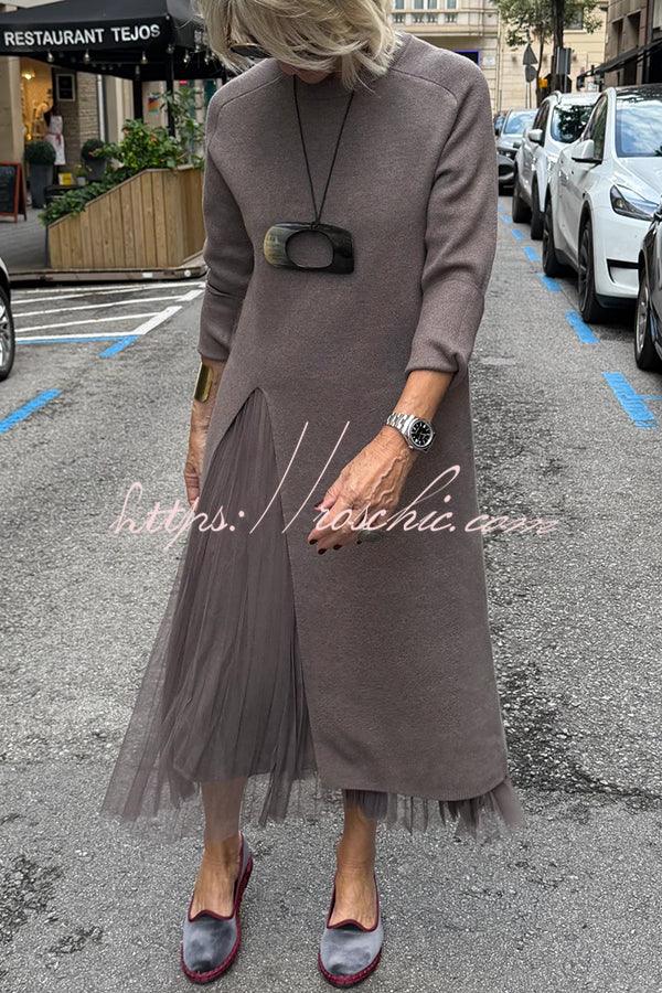 Jollie Knit Long Sleeve Front Slit Midi Sweater and Pleated Tulle Stretch Tank Midi Dress Two-piece
