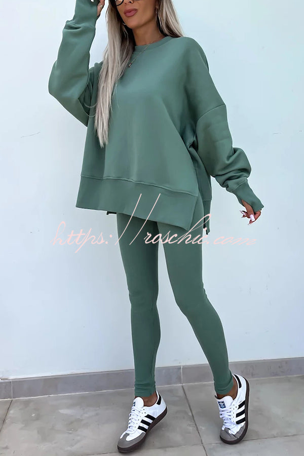 Solid Color Loose Long Sleeve SlitSweatshirt and Elastic Waist Tight Pants Set