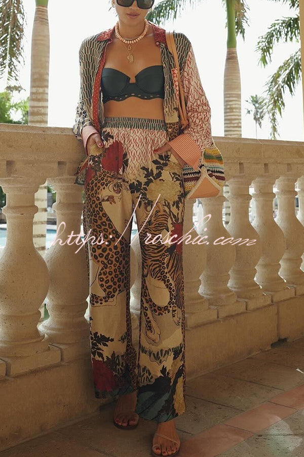 Tropical Jungle Tiger Unique Print Long Sleeve Loose Shirt and Elastic Waist Pants Set