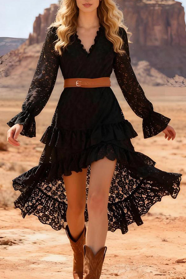 Fashionable Lace V-neck Long-sleeved Irregular Ruffle Midi Dress
