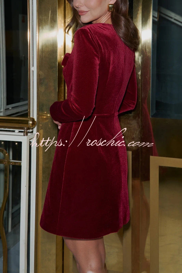 Sweet Expectations Velvet Bow Detail Square Neck Long Sleeve Mini Dress