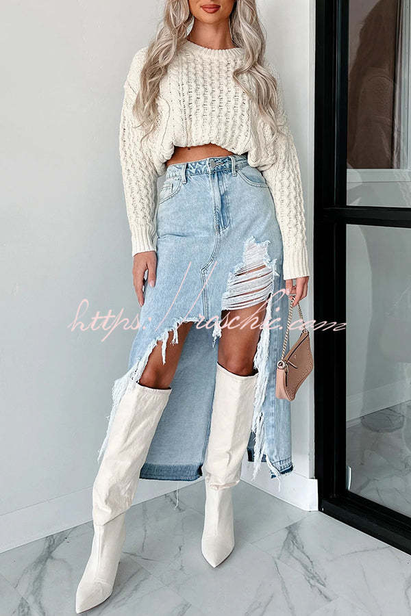 Darla Cutting Ties Heavily Distressed Denim Maxi Skirt