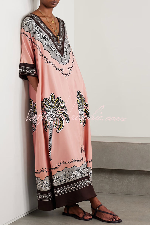 Satin Unique Print Casual V-neck Loose Holiday Maxi Dress