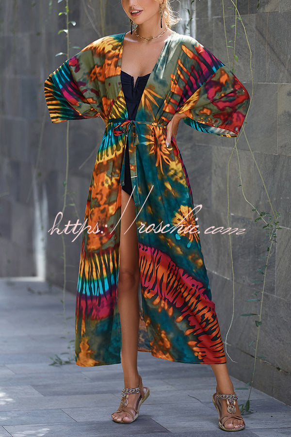 Unique Print Loose Lace Up Holiday Maxi Cover Up