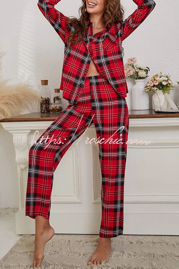 Christmas Plaid Print Pocket Button Pajama Set