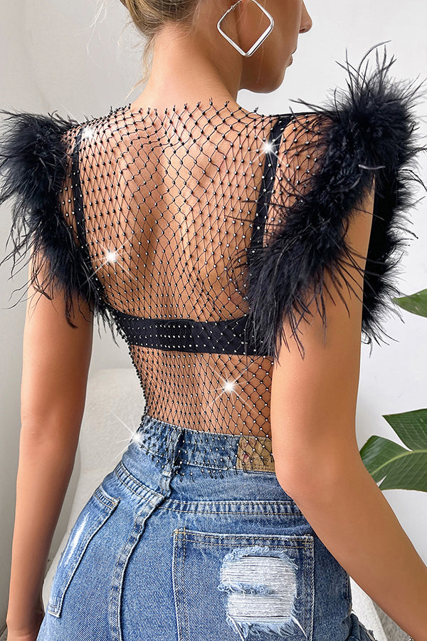 Sexy Ostrich Feather Rhinestone Fishnet Slim Fit Top