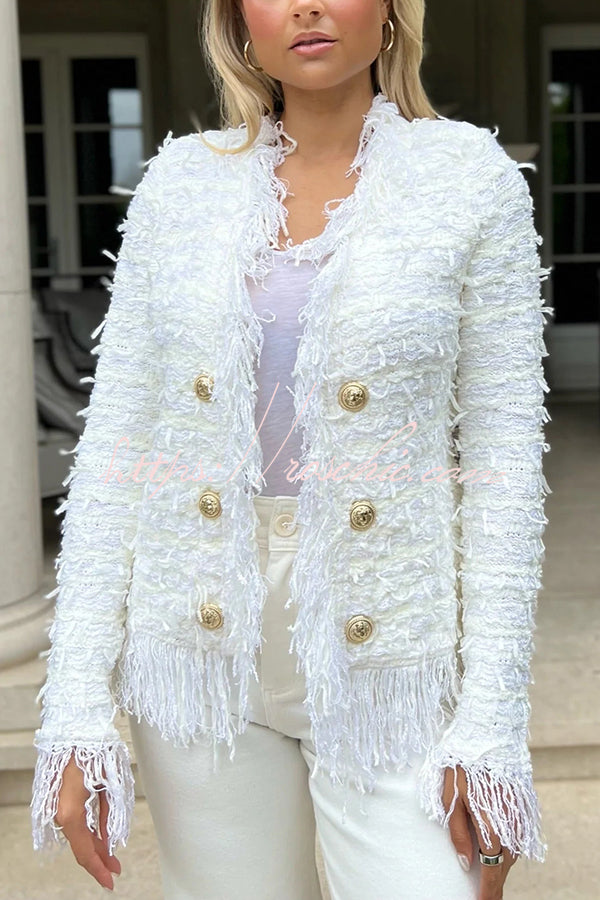 Solid Color Metal Button Long Sleeve Elegant Tassel Top