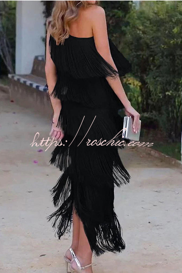 Stylish Fringed One Shoulder Asymmetric Midi Dress