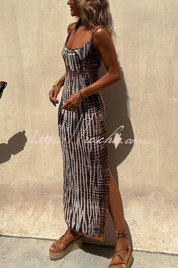 An Inspiration Tie-dye Print Double Shoulder Strap Stretch Maxi Dress