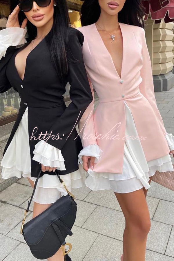 Sherna V-neck Ruffled Patchwork Button Up Long Sleeve Mini Dress