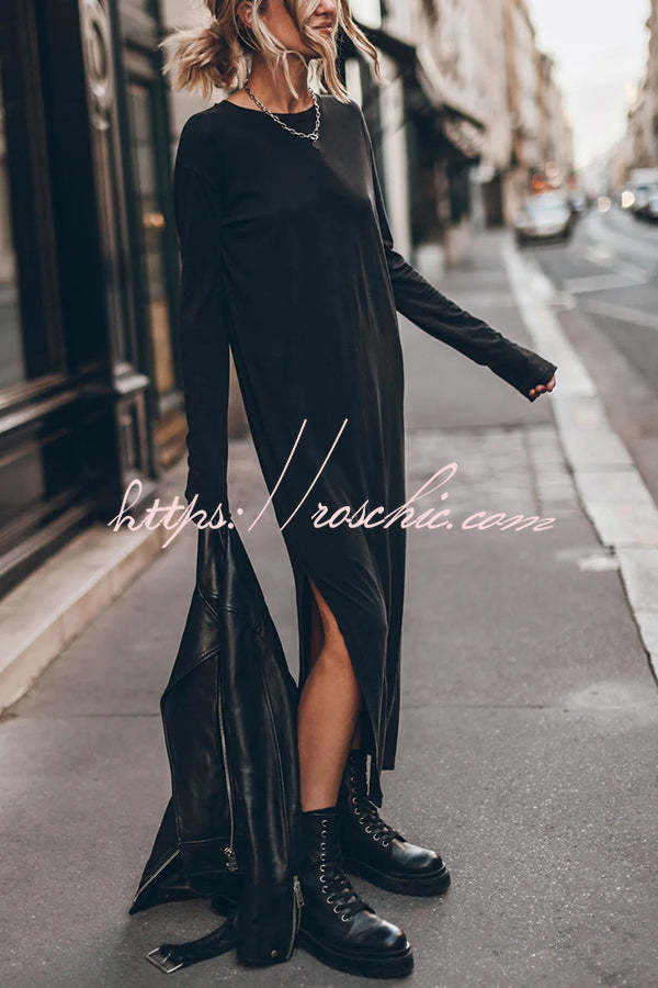 The Bedisse Cotton Blend Long Sleeve Relaxed Slit Midi Dress