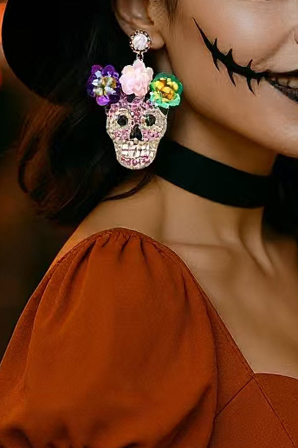 Fashion Flower Skull Diamond Earrings