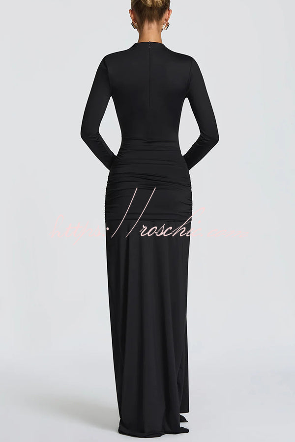 Sexy Cutout Fitted Long-sleeved Pleated Satin Ribbon Maxi Dresses