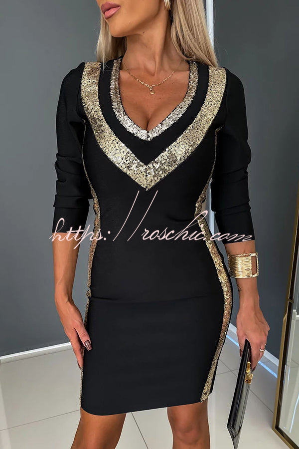 Moon River Sequin Gold Patchwork V Neck Long Sleeved Mini Dress