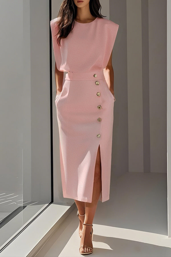 Solid Color Round Neck Sleeveless Button Slit Midi Dress