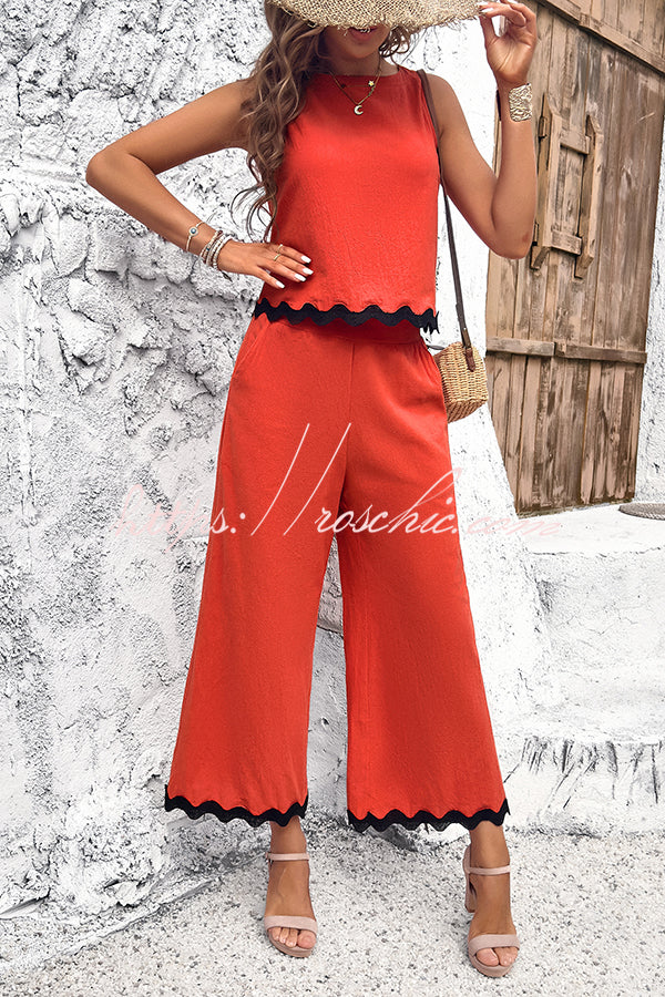 Wave Trimmed Round Neck Buttoned Elastic Waist Pants Suit