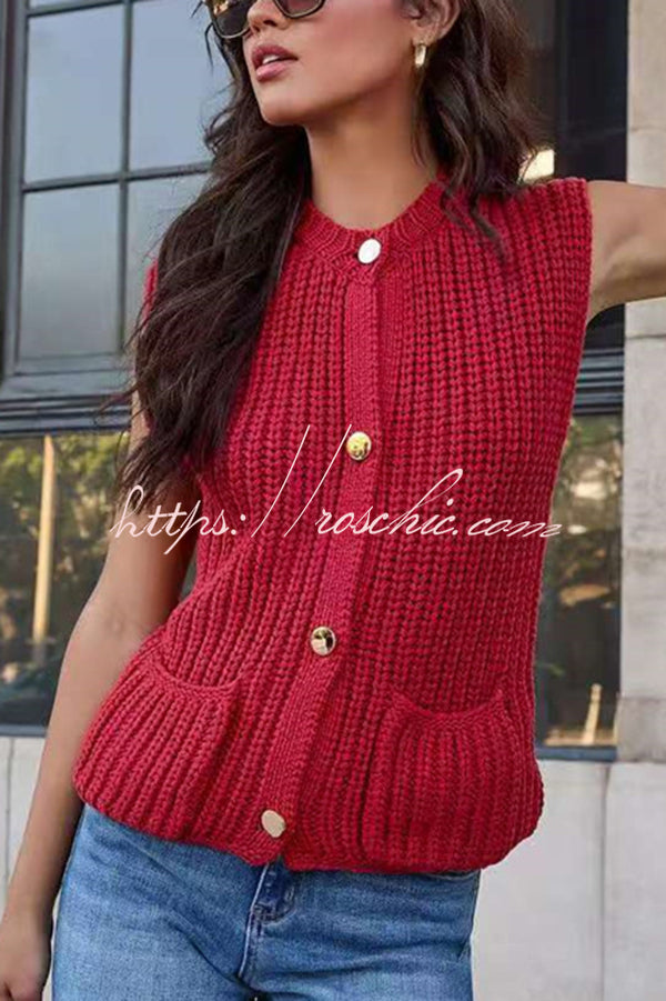 Solid Color Sleeveless Button Pocket Knit Vest