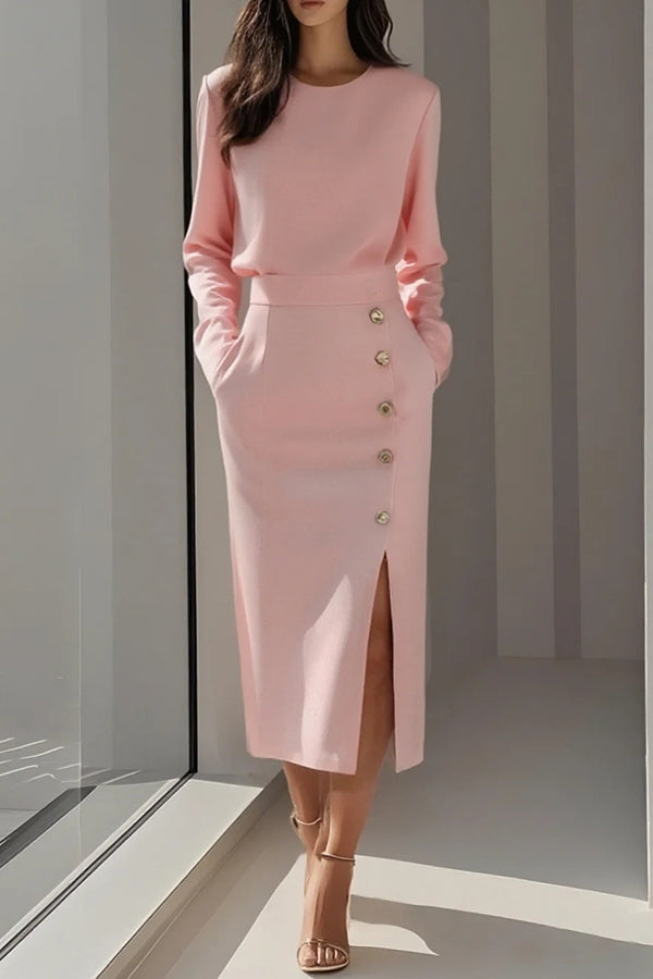 Women's Round Neck Split Hem Knit Dress Button Long Sleeve Slim Party Dress Spring Outfits,pink,Medium