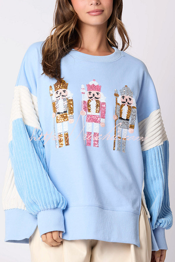 Christmas Nutcracker Sequined Patchwork Sleeve Color Block Sweatshirt