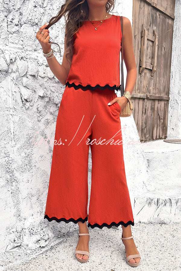 Wave Trimmed Round Neck Buttoned Elastic Waist Pants Suit