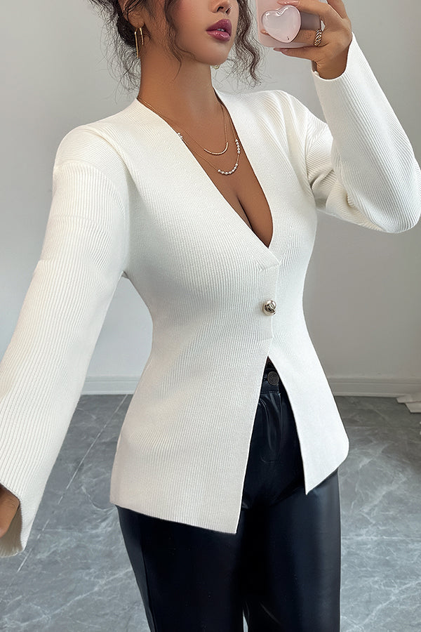 Solid Color V-neck Long-sleeved Elegant Knitted Top