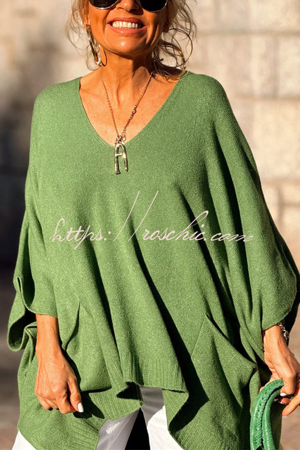 Fashion V-neck Loose Pocket Mid-length Knitted Sweater