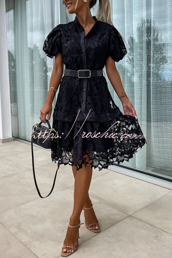 Absolutely Elegant Floral Crochet Lace Puff Sleeve Belted Shirt Midi Dress