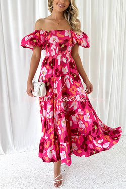 Petal Princess Unique Print Smocked Waist Puff Sleeve Midi Dress