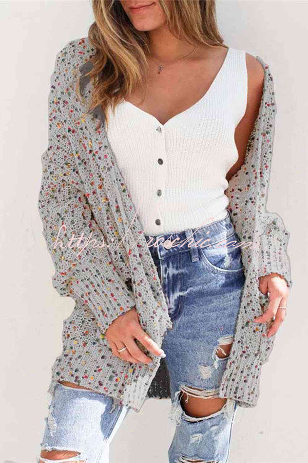 Aminga Colorful Spotted Pocket Crochet Long Sleeved Cardigan