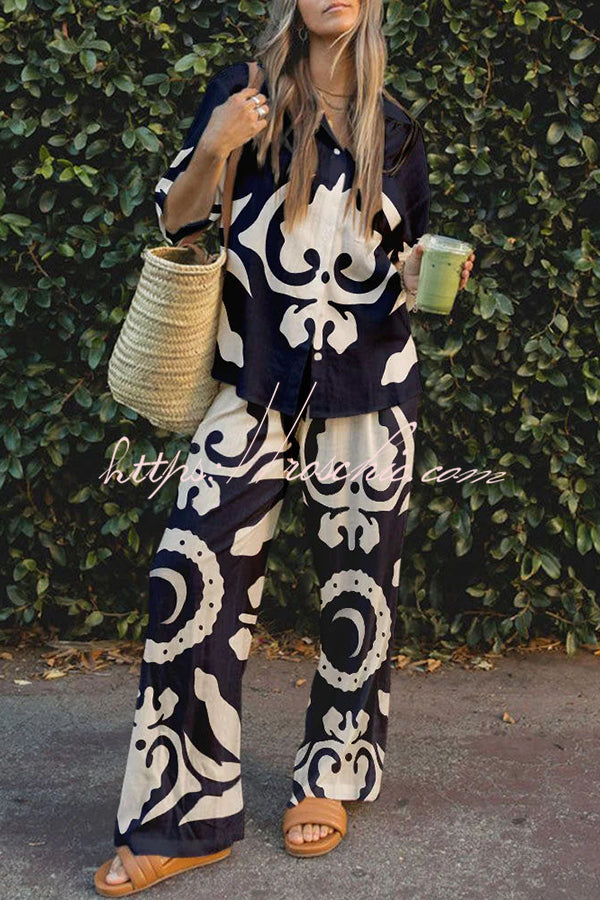 Abstract World Print Button Elastic Waist Pants Set