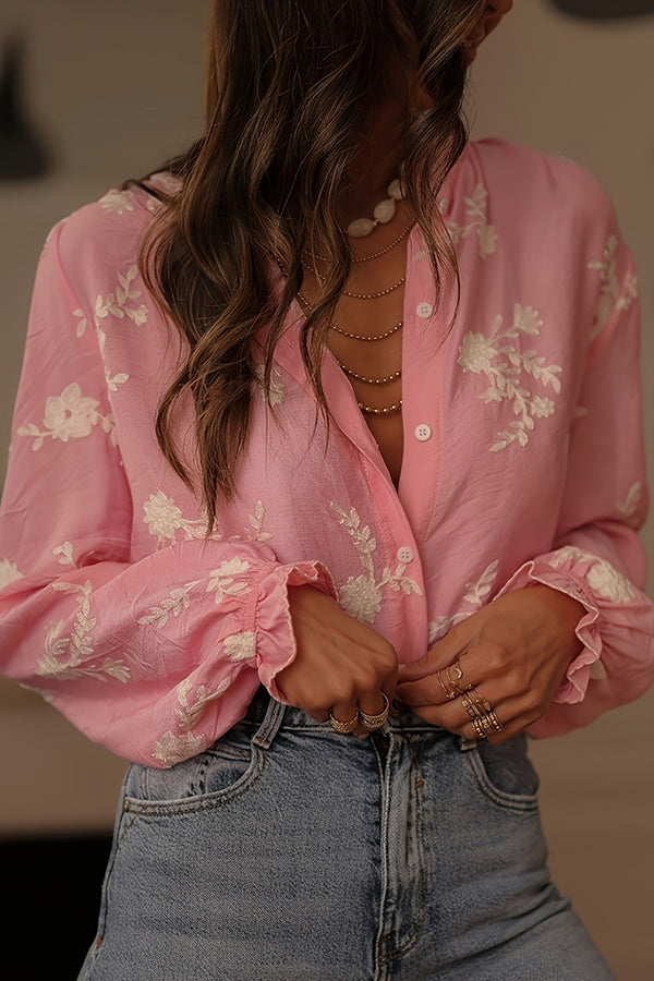 Floral Embroidery Long-Sleeved Button-Up Elegant Shirt
