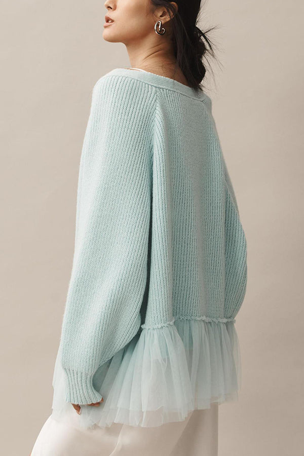 Fashionable Splicing Mesh Ruffle Knitted Long-sleeved Loose Cardigan