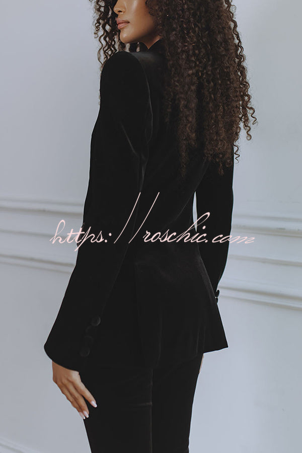Delicate Daze Velvet Satin Lapel Button Up Long Sleeve Tapered Waist Blazer