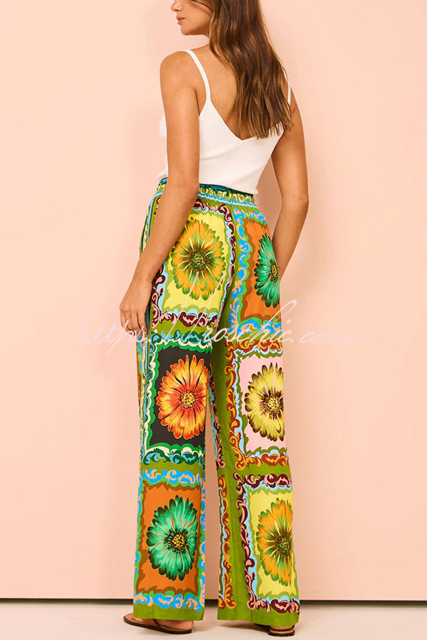 Disco Daisy Unique Printed Colorblock Elastic Waist Pocket Pants Set