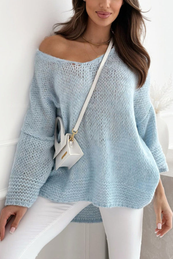 Solid Color Loose V-neck Casual Knitted Sweater