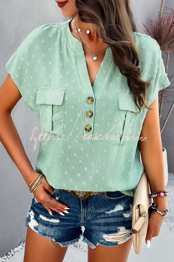 Simple Embroidered V Neck Pocket Button Down Short Sleeved Shirt