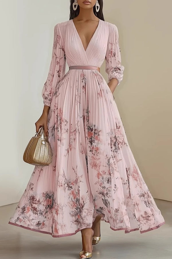 Unique Printed V-Neck Long Sleeve Bow Tie Waist Holiday Maxi Dress