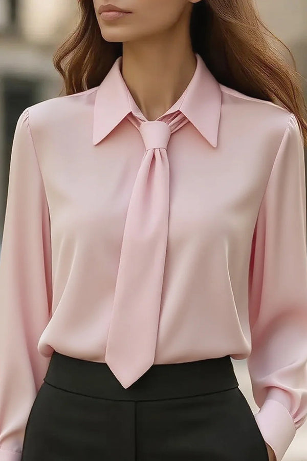 Solid Color Satin Tie Long Sleeve Casual Shirt