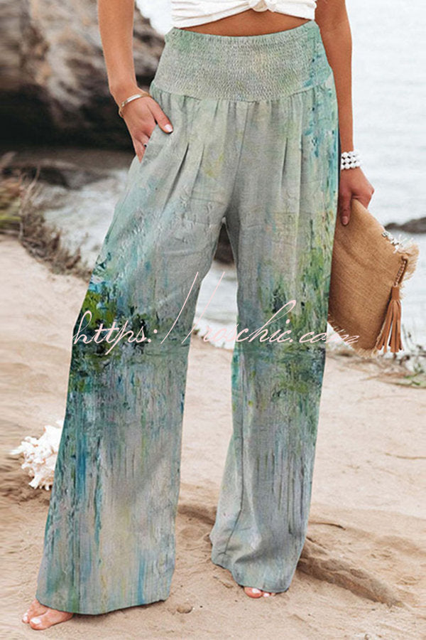 Finn Printed High Rise Smocked Waist Pocketed Wide Leg Pants