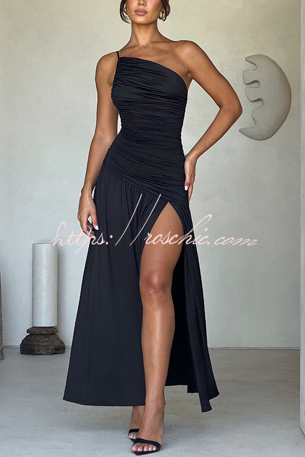 Sexy One-shoulder Strap Gathered Slim Fit Slit Maxi Dress