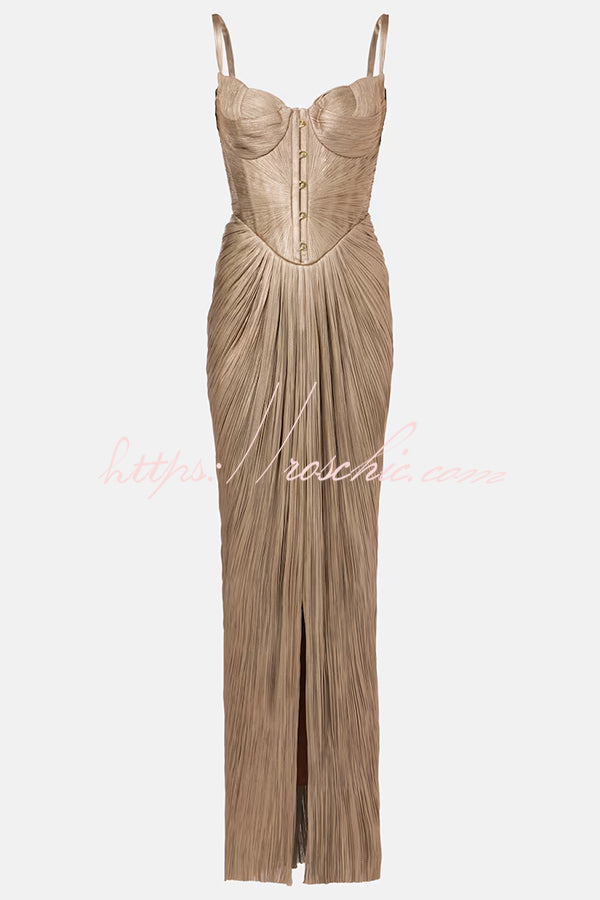 Vegas Queen Metallic Pleated Sculpted Bodice Back Lace-up Drape Maxi Dress