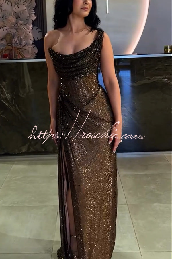 Glitzy Gala Sequin One Shoulder Ruched Slit Maxi Dress