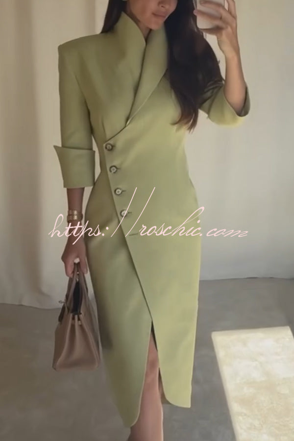 Elegant Look Linen Blend Stand Lapel Neck Half Sleeve Side Button Midi Dress