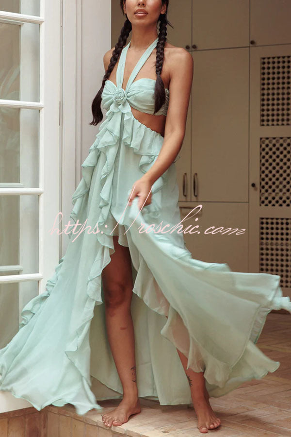 Gorgeous Vacation Halter Rose Detail Cut Out Ruffles Backless Maxi Dress