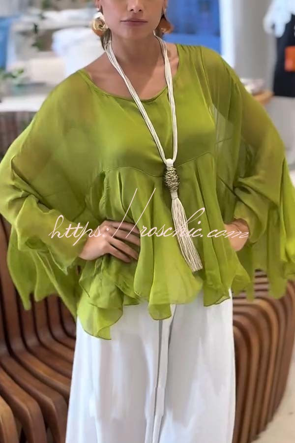 Romantic Journey Chiffon Ruffle Batwing Sleeve Top and Elastic Waist Pocket Loose Pants Set