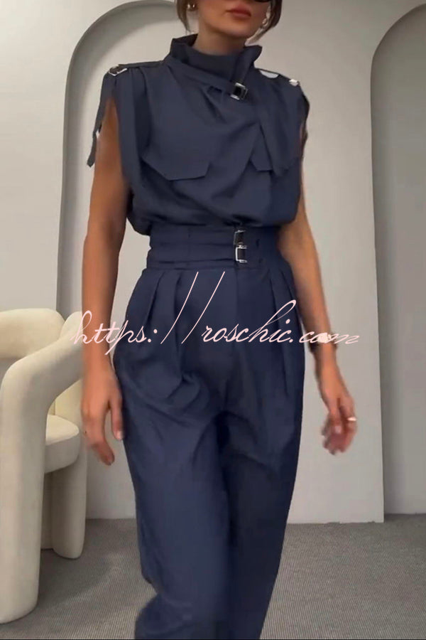 Statement Breast Pocket High Neck Top and Side Pocket Belt Long Pant Set