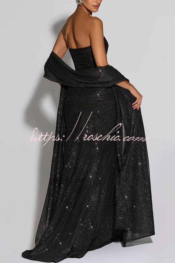 Paula Sequined Mesh and Jersey Off Shoulder Ruched Knot Drape Shawl Maxi Dress