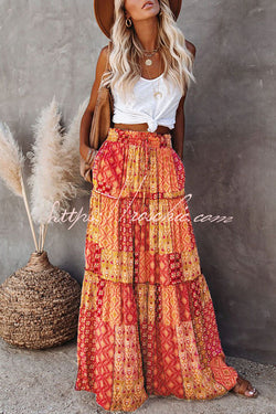 Floral Print Stretch Elastic Waist Pocket High Waist Skirt